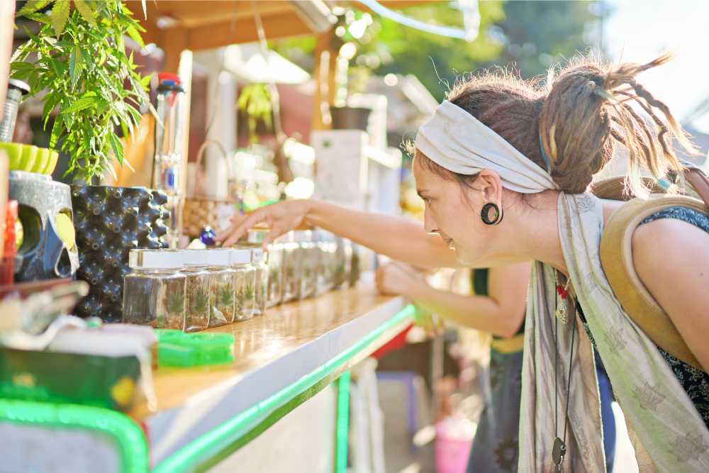 woman examining cannabis for sale