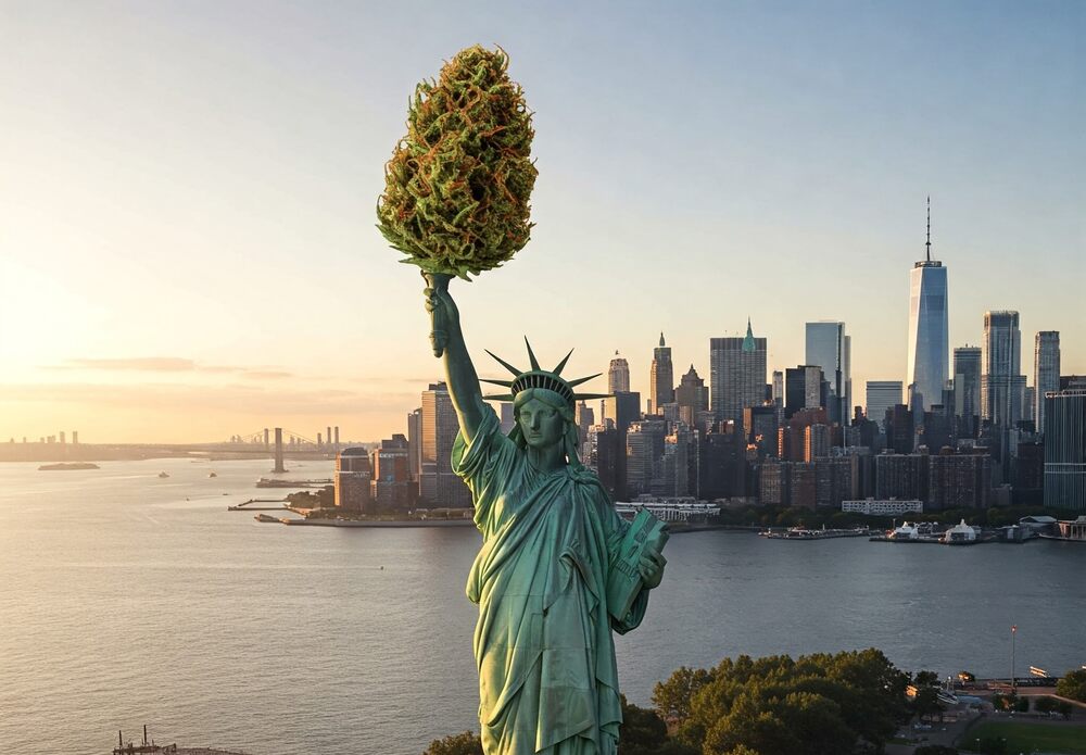 statue of liberty holding a giant cannabis bud nyc skyline in back