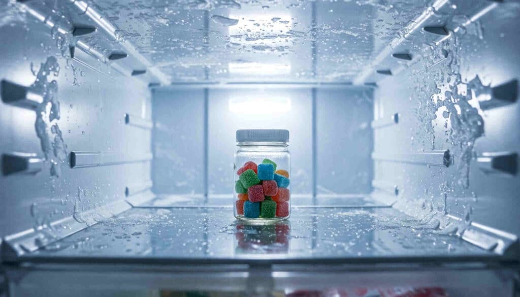 jar of gummies in freezer