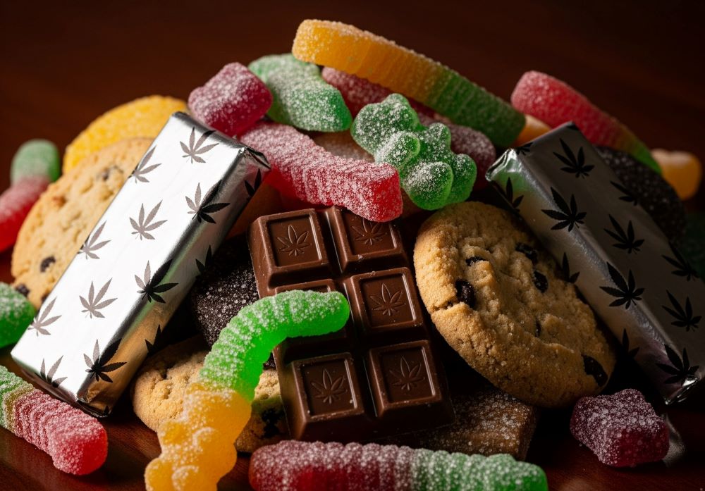 pile of cannabis edibles gummies chocolate cookies