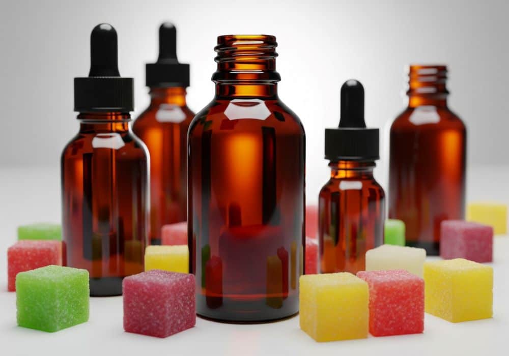 tincture bottles and gummy cubes