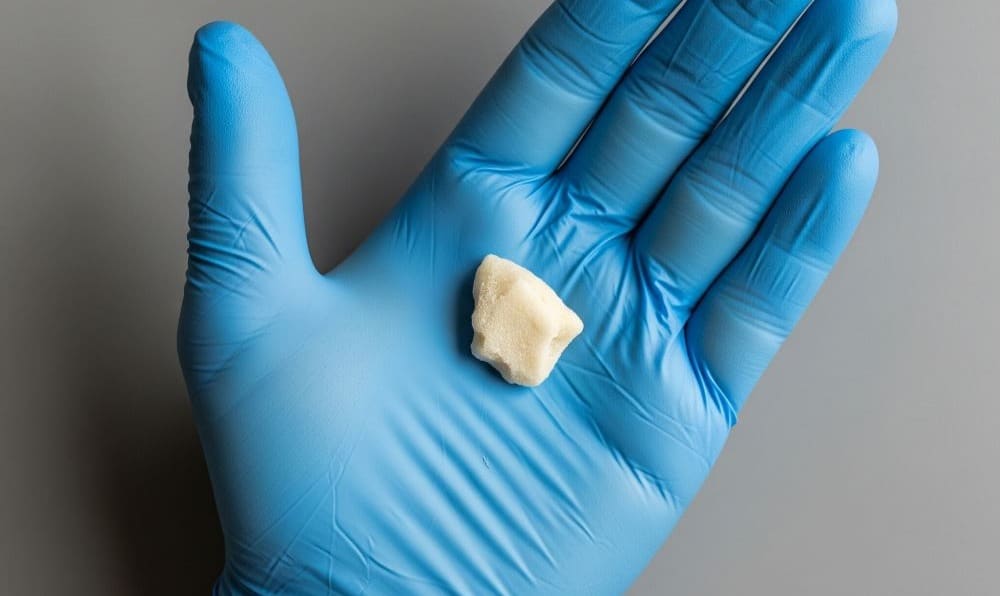 closeup of live rosin on blue hand
