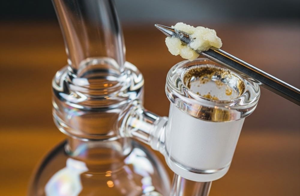 live rosin being placed in a dab rig banger
