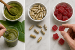 Kratom powder, capsules and gummies