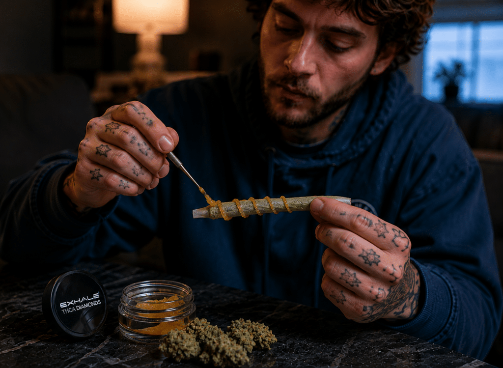 Focused cannabis preparation in a cozy room